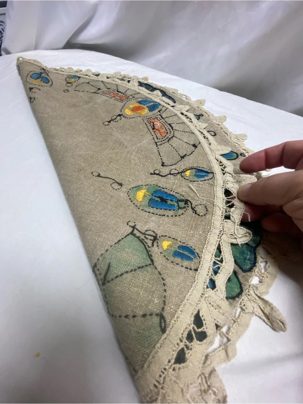 . Egyptian Revival Arts & Crafts Hand Crocheted Lace Linen 18” bird embroidered